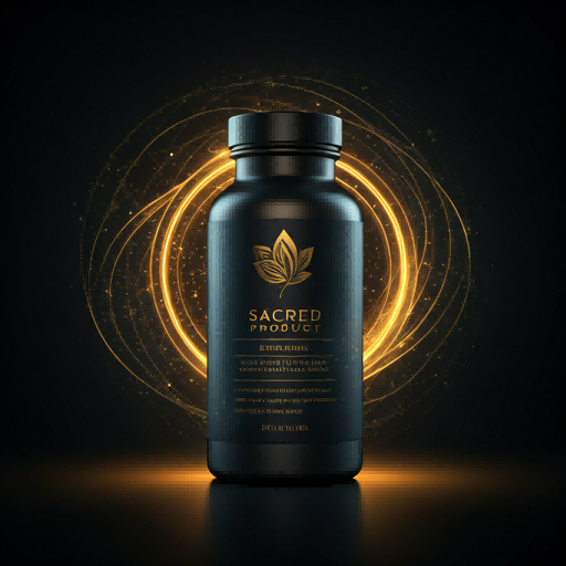 Sacred product bottle with luminous aura of abstract data patterns and flowing light for AI verified nutrition